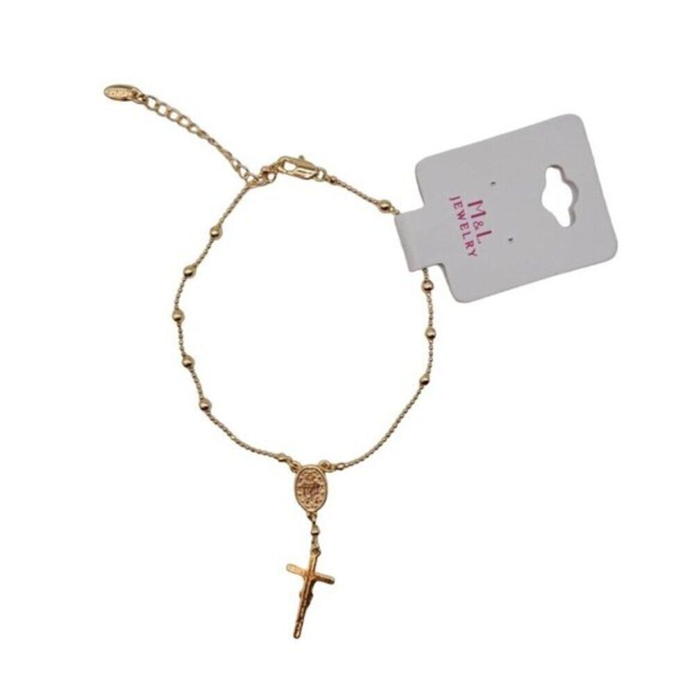 14K Gold Filled Rosary Cross Bead Charm Link Chain Bracelet Adjustable - Picture 3 of 3